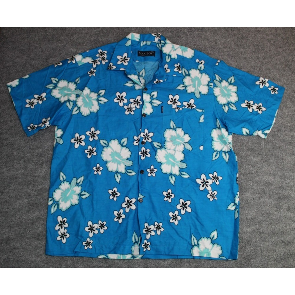 Max Boy Internationl Men 2XL Hawaiian Floral Blue Button Up Shirt Aloha Hibiscus
